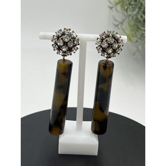 Tortoise Color Acetate Cylinder Earring, Crystal Round Modern Clip On Jewelry - Picture 7 of 13